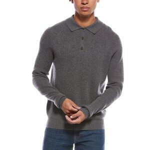 Amicale Cashmere Mens  Ribbed Cashmere Button Polo Shirt, Gray